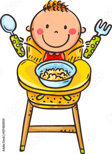 Cute cartoon baby sitting at a feeding table and eat porridge in bowl, isolated illustration