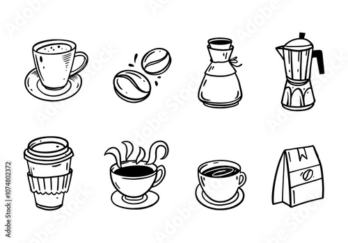 An artistic hand-drawn illustration featuring various coffee elements and accessories