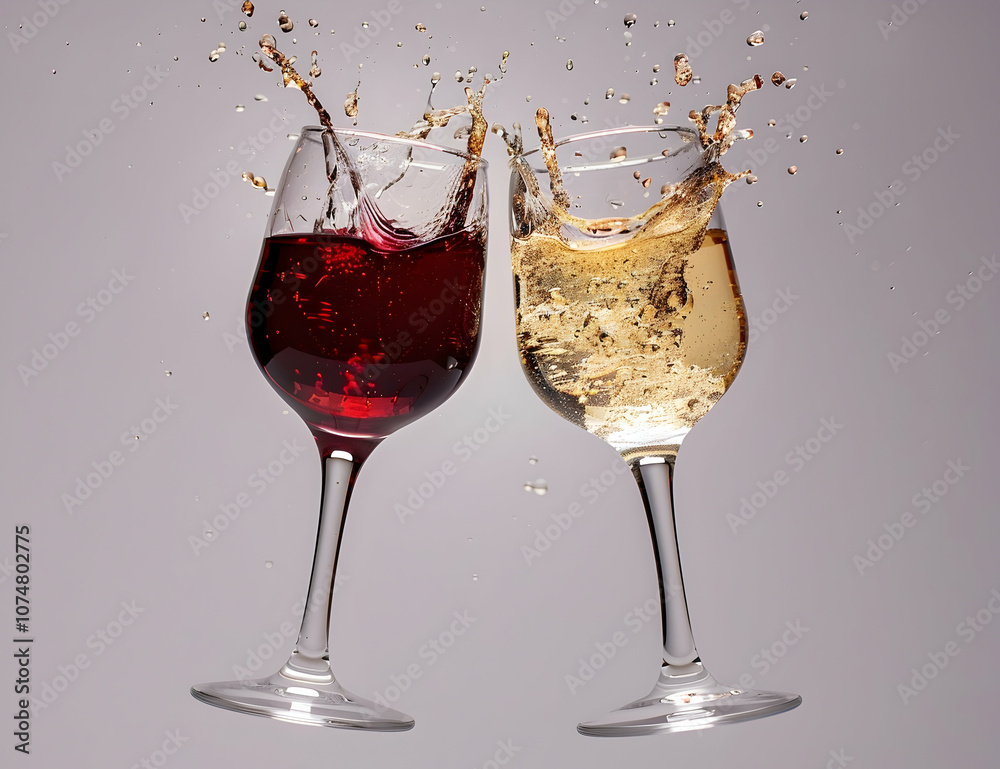 Two wine glasses clinking together, with red and white wine flowing out of them on an isolated background. Two wine glasses clinking together, with red and white wine flowing out of them on an isolated background.