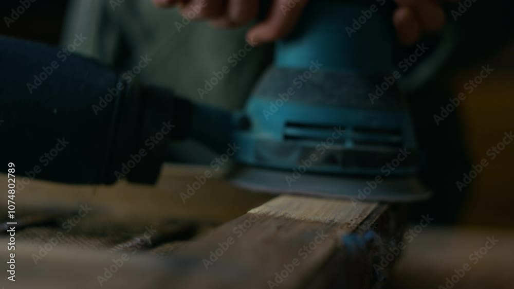 Closeup of anonymous carpenter polishing surface of old wooden framework using manual sanding machine in workshop