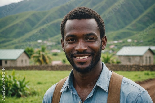 Close portrait of a smiling young Saint Kitts and Nevis male farmer standing and looking at the camera, outdoors Saint Kitts and Nevis rural blurred background photo