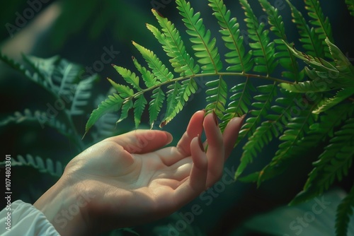 A womans hand and a fern leaf. Man and nature photo