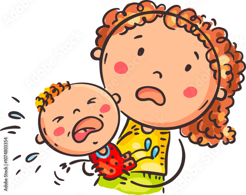 Baby cries in mother's arms, cartoon isolated illustration