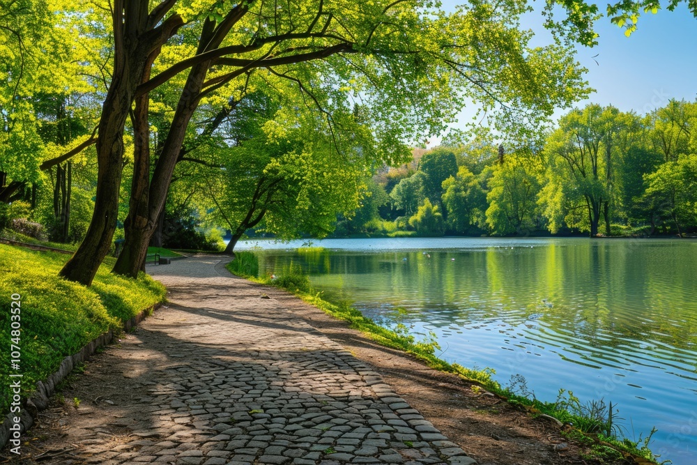 Vibrant summer park landscape with lake and trees. Vibrant summer park landscape with lake and trees.