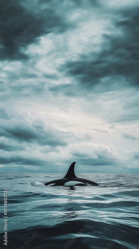 Fototapeta premium Orca swimming in the ocean with dramatic sky