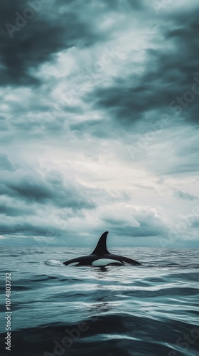 Orca swimming in the ocean with dramatic sky