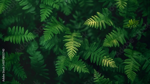 Minimalistic nature scene of fern fronds unfurling in lush forest setting for natural decor