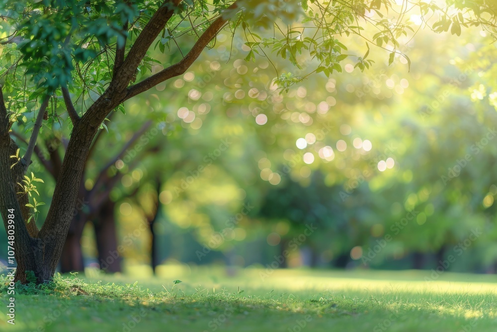 Fototapeta premium Blur park garden tree in nature background blurry green bokeh light outdoor in summer background