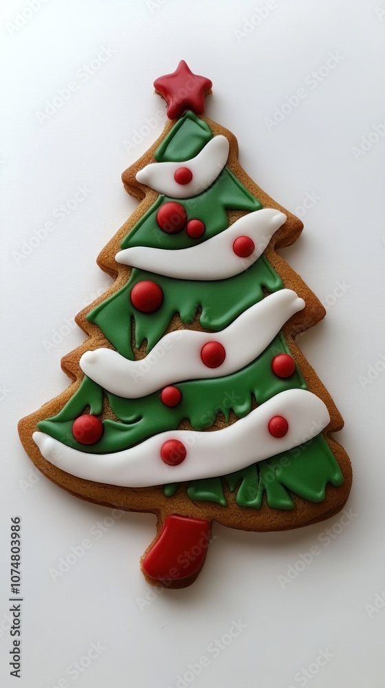 A decorated gingerbread cookie shaped like a Christmas tree with icing and candy.