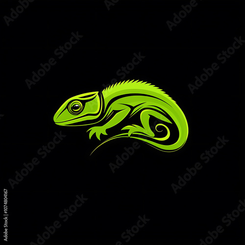 minimalistic green chameleon logo on black background, showcasing clean and modern design. Perfect for branding and creative projects photo