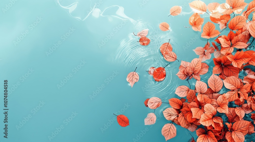 Tranquil autumn scene with floating foliage on serene water surface Tranquil autumn scene with floating foliage on serene water surface