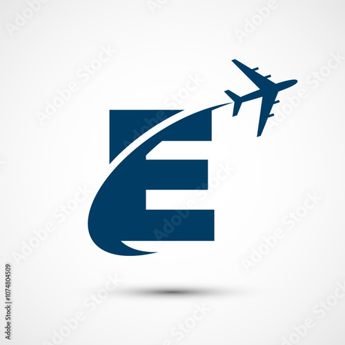 Alphabet E with aero plane. Travel icon. Aviation logo sign, Flying symbol. Flight icon