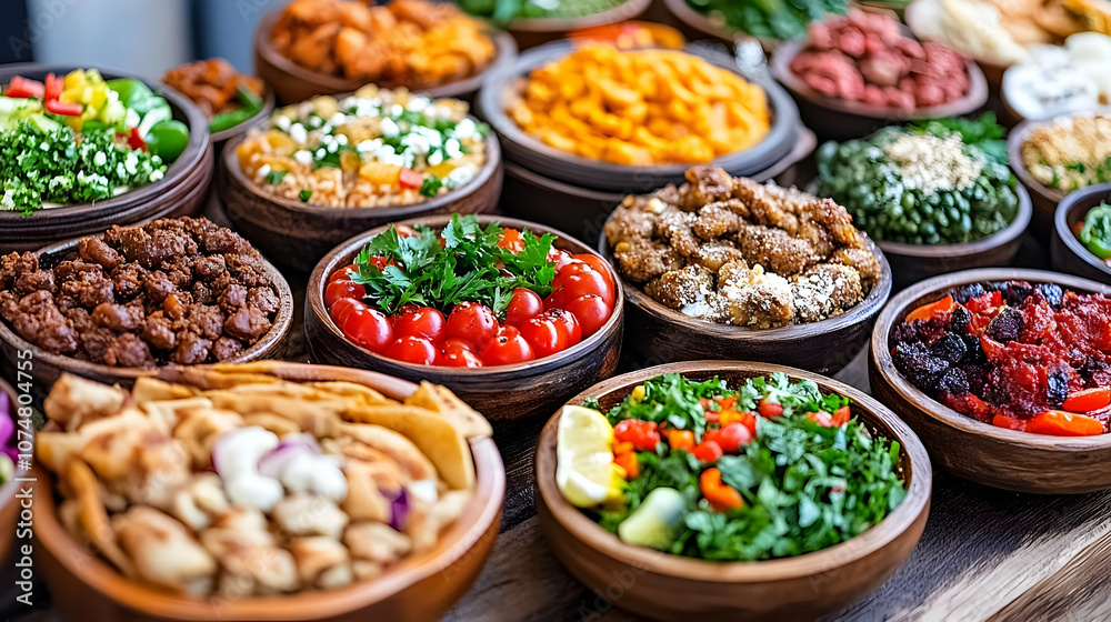 Assortment of Fresh Salads and Appetizers in Wooden Bowls - Realistic Image Assortment of Fresh Salads and Appetizers in Wooden Bowls - Realistic Image