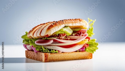 A juicy and delicious sandwich featuring ham, cheese, lettuce, and salad, presented on a white background. 