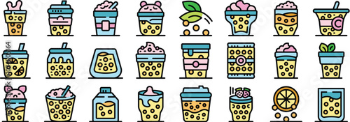 Colorful icons depict various bubble tea drinks, highlighting flavors, toppings, and packaging options, perfect for representing this popular beverage