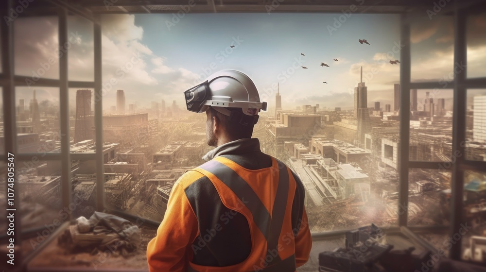Construction Worker Using VR Headset Looking at a City Skyline Construction Worker Using VR Headset Looking at a City Skyline