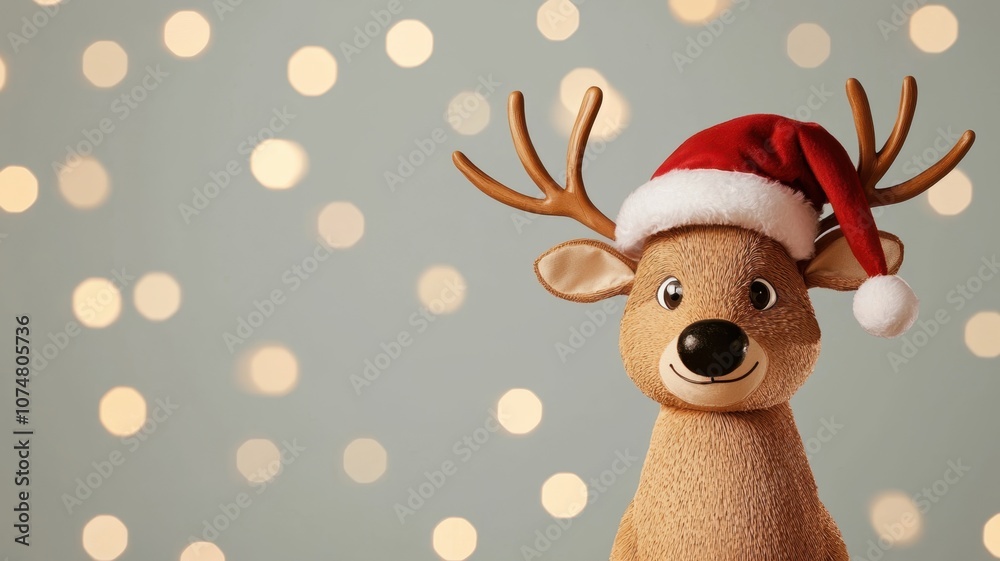 Fototapeta premium A festive reindeer wearing a red Santa hat stands against a soft background with bokeh lights, embodying the cheerful spirit of the holiday season.