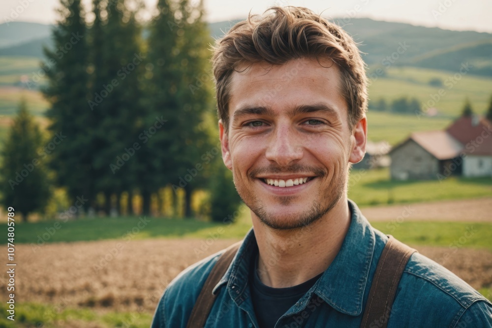 Close portrait of a smiling young Slovak male farmer standing and looking at the camera, outdoors Slovak rural blurred background Close portrait of a smiling young Slovak male farmer standing and looking at the camera, outdoors Slovak rural blurred background