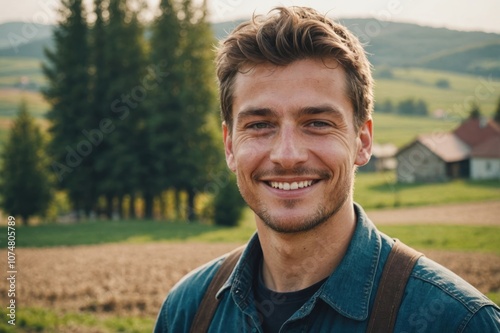 Close portrait of a smiling young Slovak male farmer standing and looking at the camera, outdoors Slovak rural blurred background