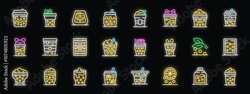 Colorful neon boba tea icons glowing against a dark background, representing various flavors and styles of this popular taiwanese beverage