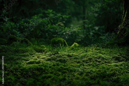 Fototapeta Naklejka Na Ścianę i Meble -  Green moss and background. Backdrop for displaying products. Dark forest background.