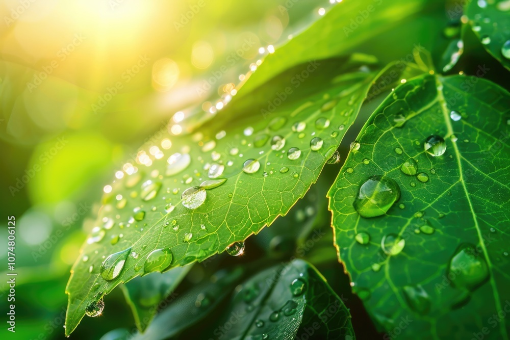 Macro shot of raindrops on green leaf in sunlight. Macro shot of raindrops on green leaf in sunlight.