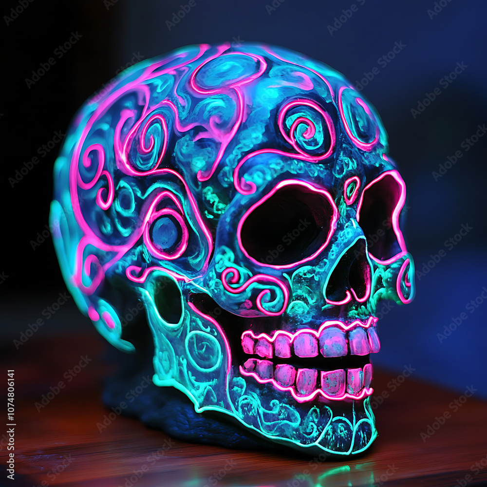 Luminous sugar skull with neon pink swirls glowing in vibrant colors, creating captivating and festive atmosphere. Perfect for Halloween or Day of Dead celebrations Luminous sugar skull with neon pink swirls glowing in vibrant colors, creating captivating and festive atmosphere. Perfect for Halloween or Day of Dead celebrations