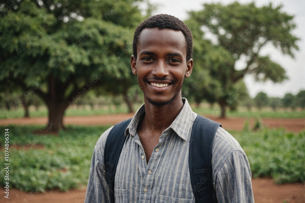 Close portrait of a smiling young Somali male farmer standing and looking at the camera, outdoors Somali rural blurred background Close portrait of a smiling young Somali male farmer standing and looking at the camera, outdoors Somali rural blurred background