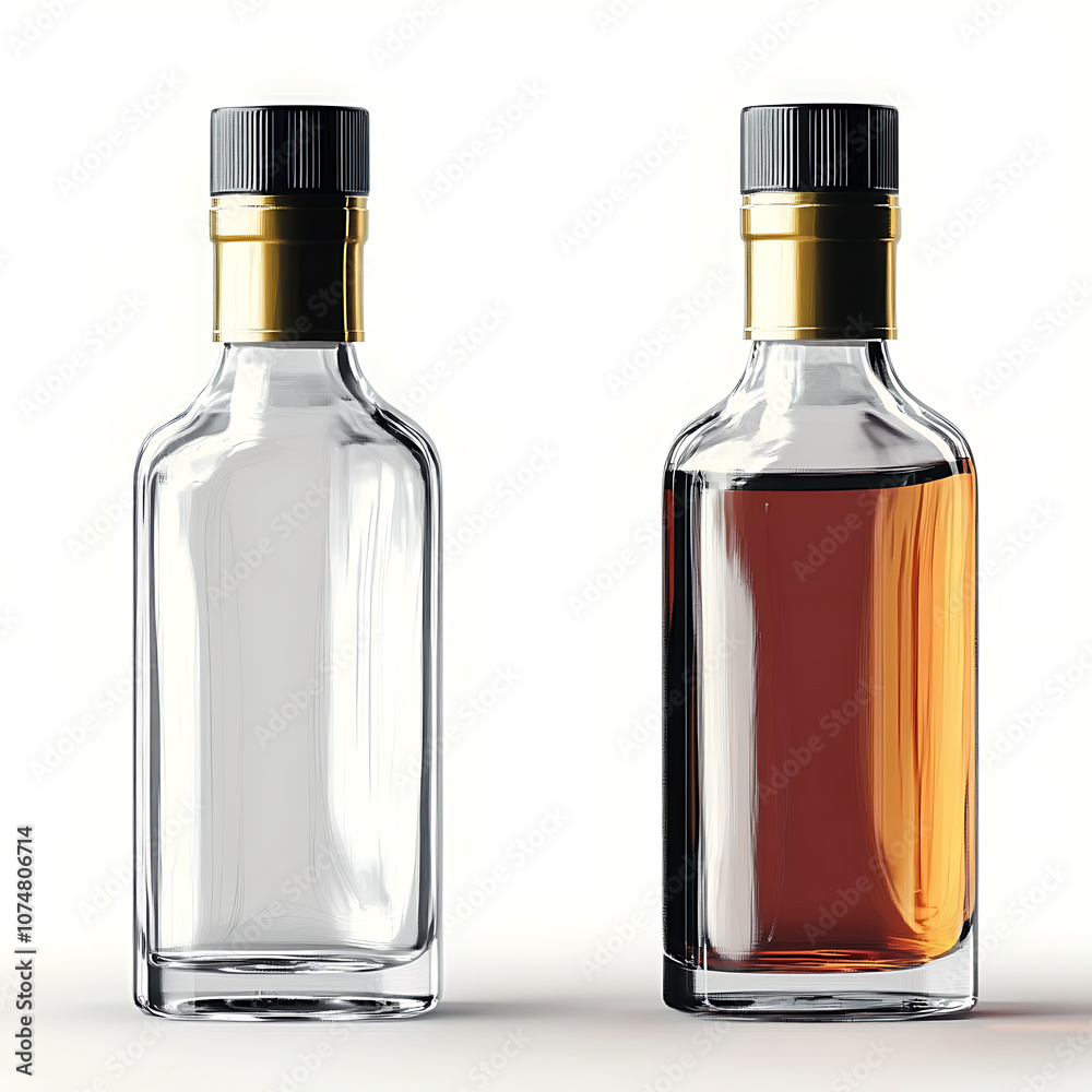 Clear and amber glass bottles with black and gold caps, showcasing different liquids. Ideal for product display or packaging concepts