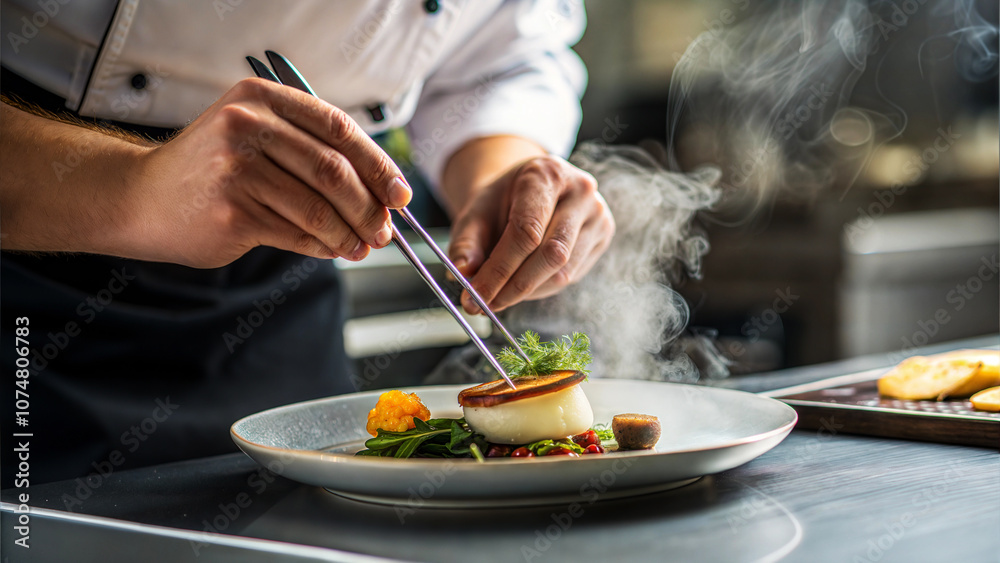 A chef skillfully plating a gourmet dish with precision and creativity, enhancing presentation. A chef skillfully plating a gourmet dish with precision and creativity, enhancing presentation.