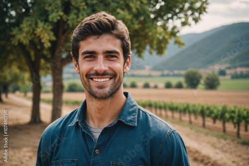 Close portrait of a smiling young Spanish male farmer standing and looking at the camera, outdoors Spanish rural blurred background