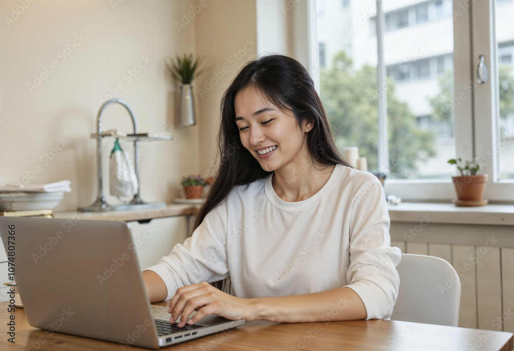 Smiling Asian Woman Working Remotely at Home on Laptop Computer Smiling Asian Woman Working Remotely at Home on Laptop Computer