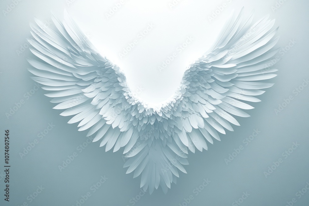 Obraz premium A pair of stylized angel wings made from layered white materials against a light background.
