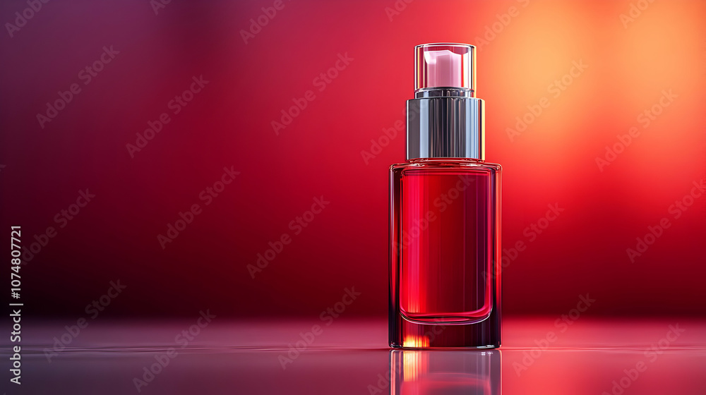 Red Glass Bottle with Pump on Gradient Background Illustration Red Glass Bottle with Pump on Gradient Background Illustration
