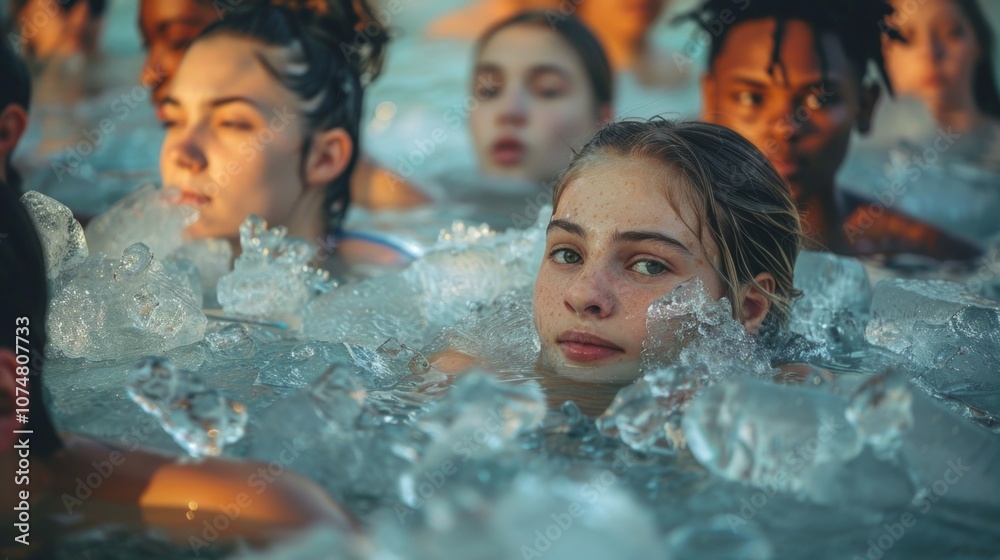 Image shows group of people in icy pool, varying ages. Ice cubes around, positioned differently, not all looking at camera. Girl in front looks alarmed, others happy, creating adventurous vibe. Image shows group of people in icy pool, varying ages. Ice cubes around, positioned differently, not all looking at camera. Girl in front looks alarmed, others happy, creating adventurous vibe.