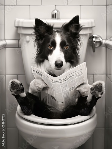 Border Collie sitzt auf der Toilette und liest Zeitung, Toilettenbilder mit Hund, Haustier Portrait Toilettenschild, Lustige Toiletten Regeln mit einem Hund, 