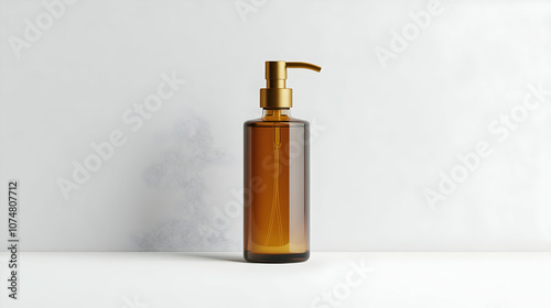 Amber Glass Bottle With Gold Pump Realistic 3D Render