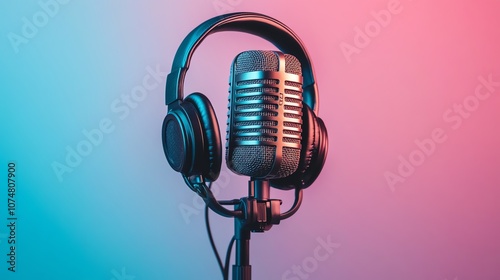 A vintage microphone with headphones around the top against a pink and blue neon background.