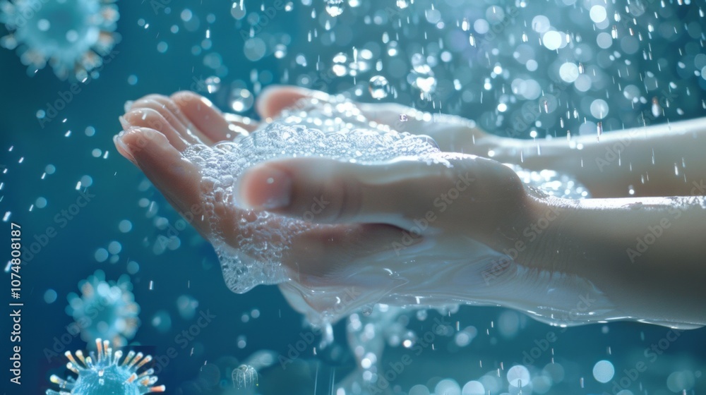 Hands washed with soapy water, virus models in blue background, emphasize handwashing for virus prevention. Faucet pours water over hands. Hands washed with soapy water, virus models in blue background, emphasize handwashing for virus prevention. Faucet pours water over hands.