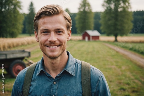 Close portrait of a smiling young Swedish male farmer standing and looking at the camera, outdoors Swedish rural blurred background