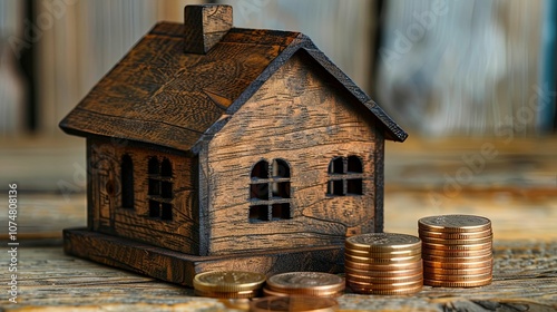 Wooden House Model with Stacks of Coins on Wooden Surface photo