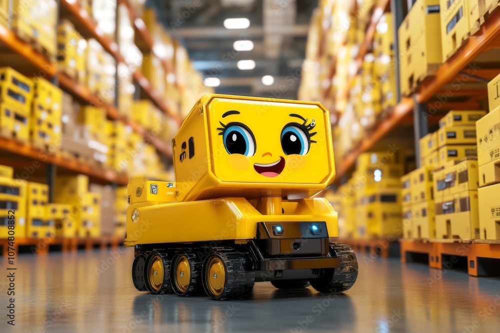 Warehouse Automation, advanced robots efficiently organizing inventory in a dynamic environment, showcasing seamless operation and innovative technology in a vibrant 3D illustration