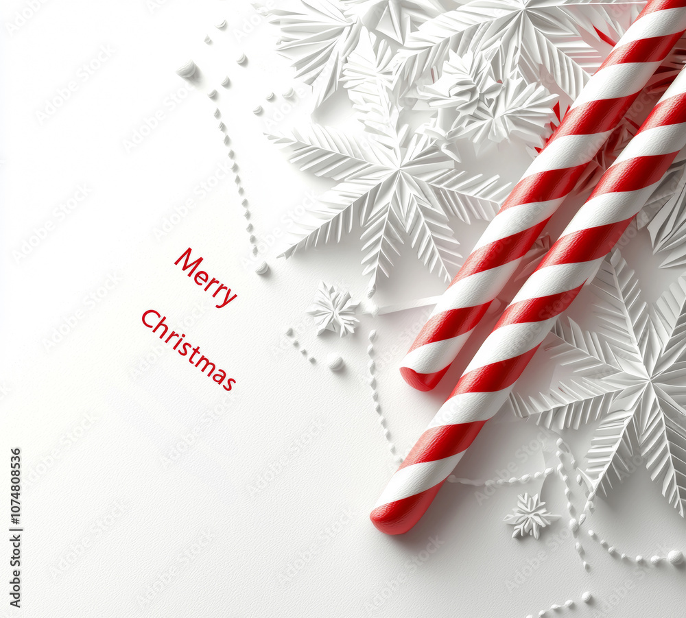 Fototapeta premium Two christmas candy canes are lying on decorative snowflakes with merry christmas writing, creating a festive winter scene