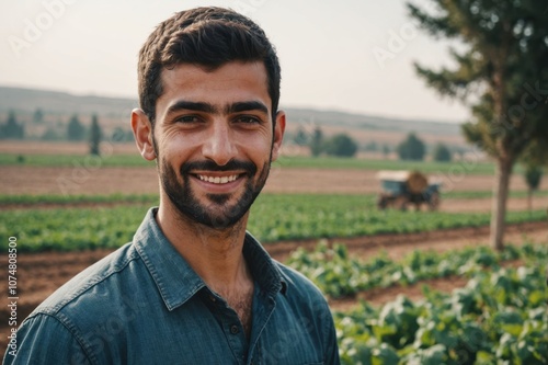 Close portrait of a smiling young Syrian male farmer standing and looking at the camera, outdoors Syrian rural blurred background