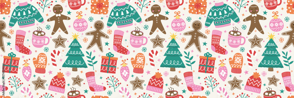 Colourful Christmas background with cartoon ornaments. Seamless texture design. Banner. Vector illustration Colourful Christmas background with cartoon ornaments. Seamless texture design. Banner. Vector illustration