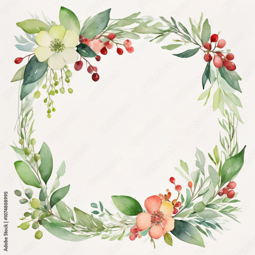 Fototapeta premium Blank wedding invitation surrounded by watercolor flowers.