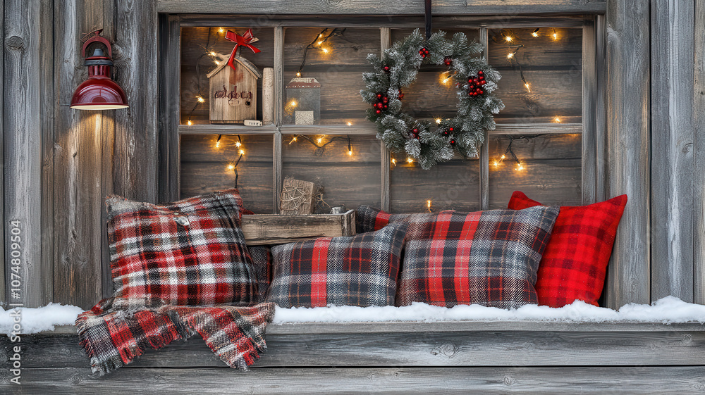 Fototapeta premium Rustic Christmas Market Window Display with Handcrafted Goods