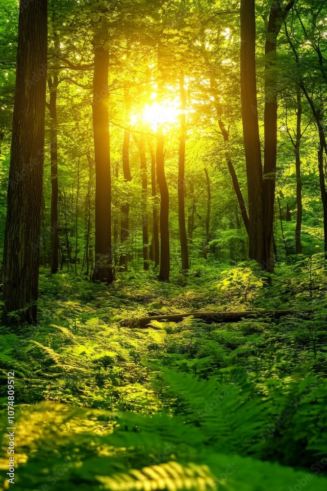 Fototapeta premium Magical Sunbeams Through Canopy, Towering Trees and Vibrant Green Ferns in Enchanted Forest