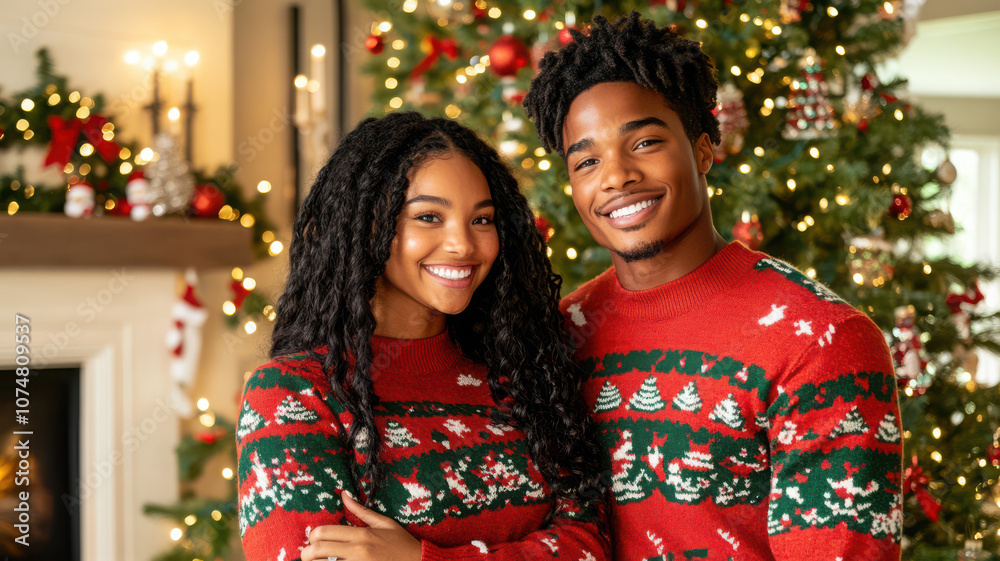 Couple in Festive Sweaters by Christmas Tree Couple in Festive Sweaters by Christmas Tree