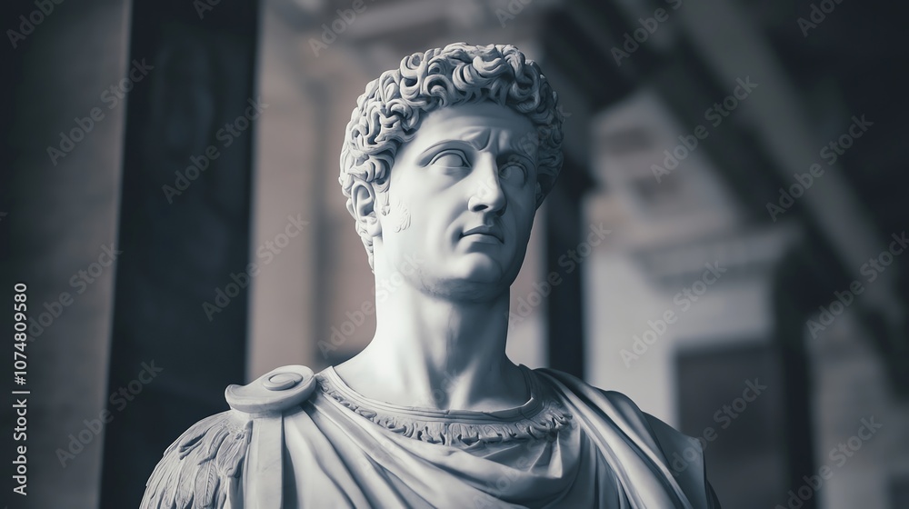 A marble bust of a man in a toga, shot from the chest up. A marble bust of a man in a toga, shot from the chest up.